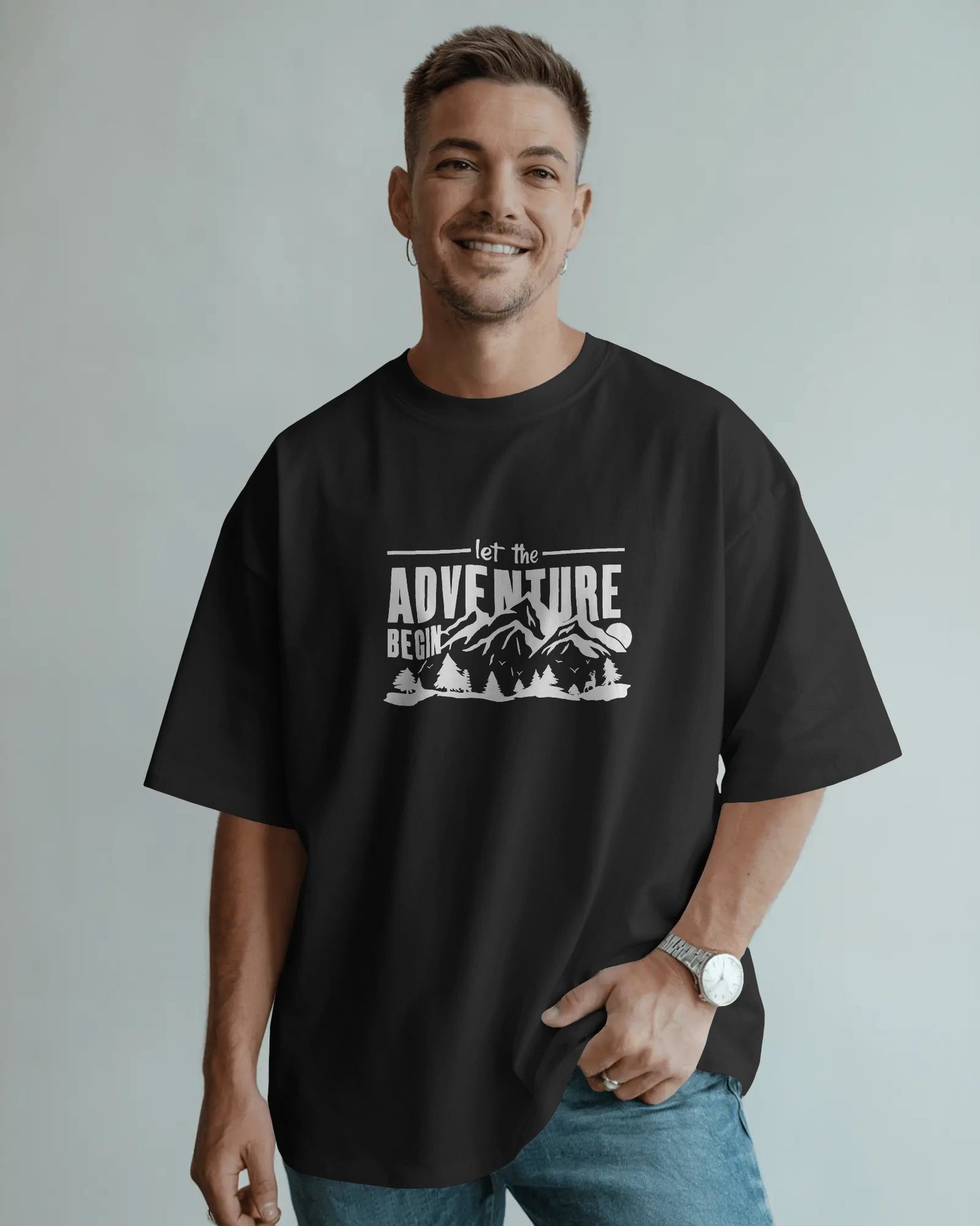 Let the Adventure Begin Oversized T-Shirt – Mountain Graphic Tee for Men | Outdoor Streetwear