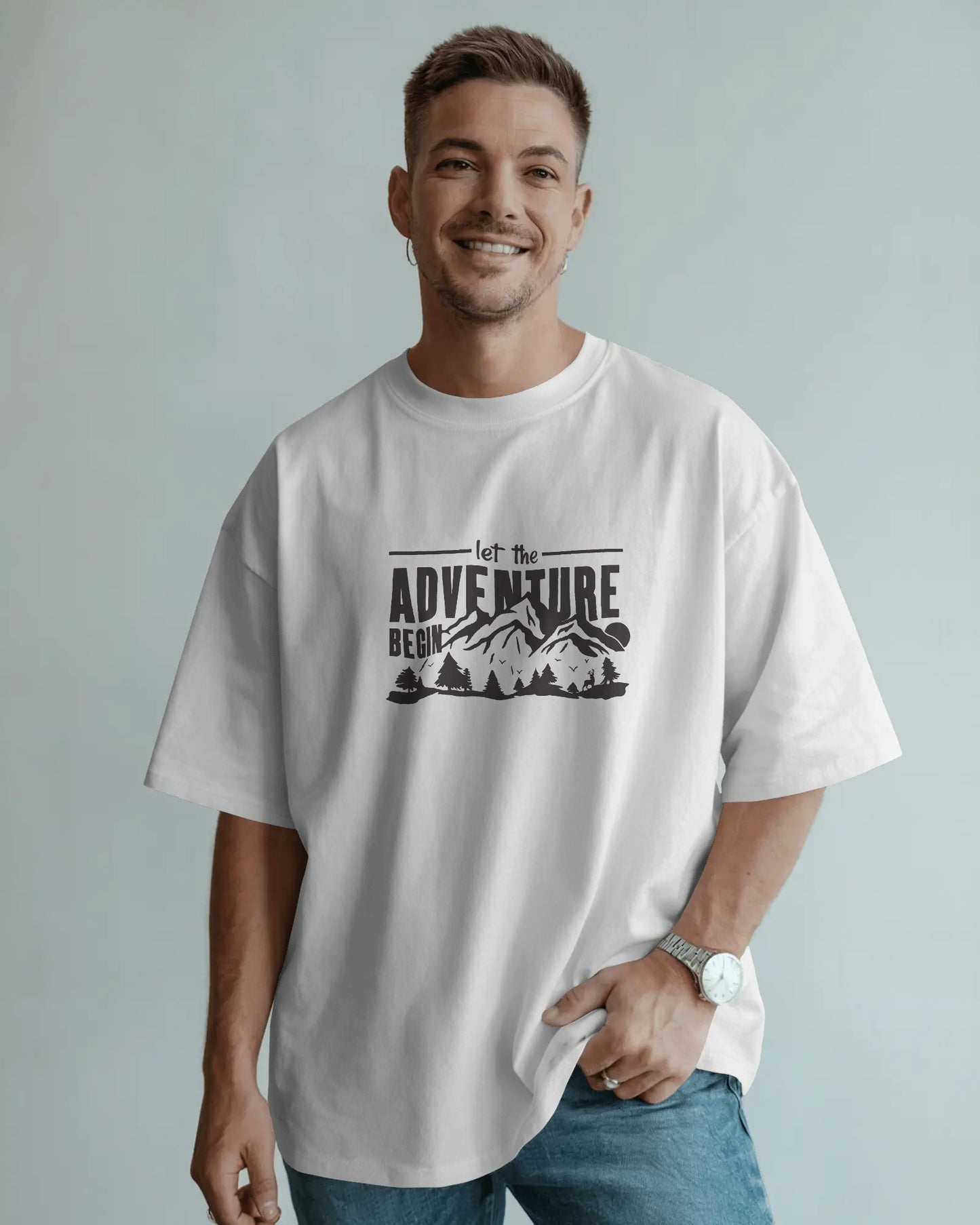 Let the Adventure Begin Oversized T-Shirt – Mountain Graphic Tee for Men | Outdoor Streetwear