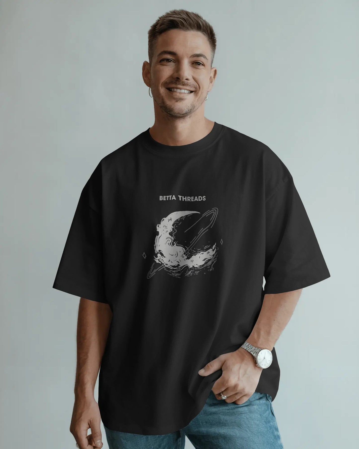 Betta Moon Oversized T-Shirt – Space Graphic Streetwear Tee for Men | Cosmic Design