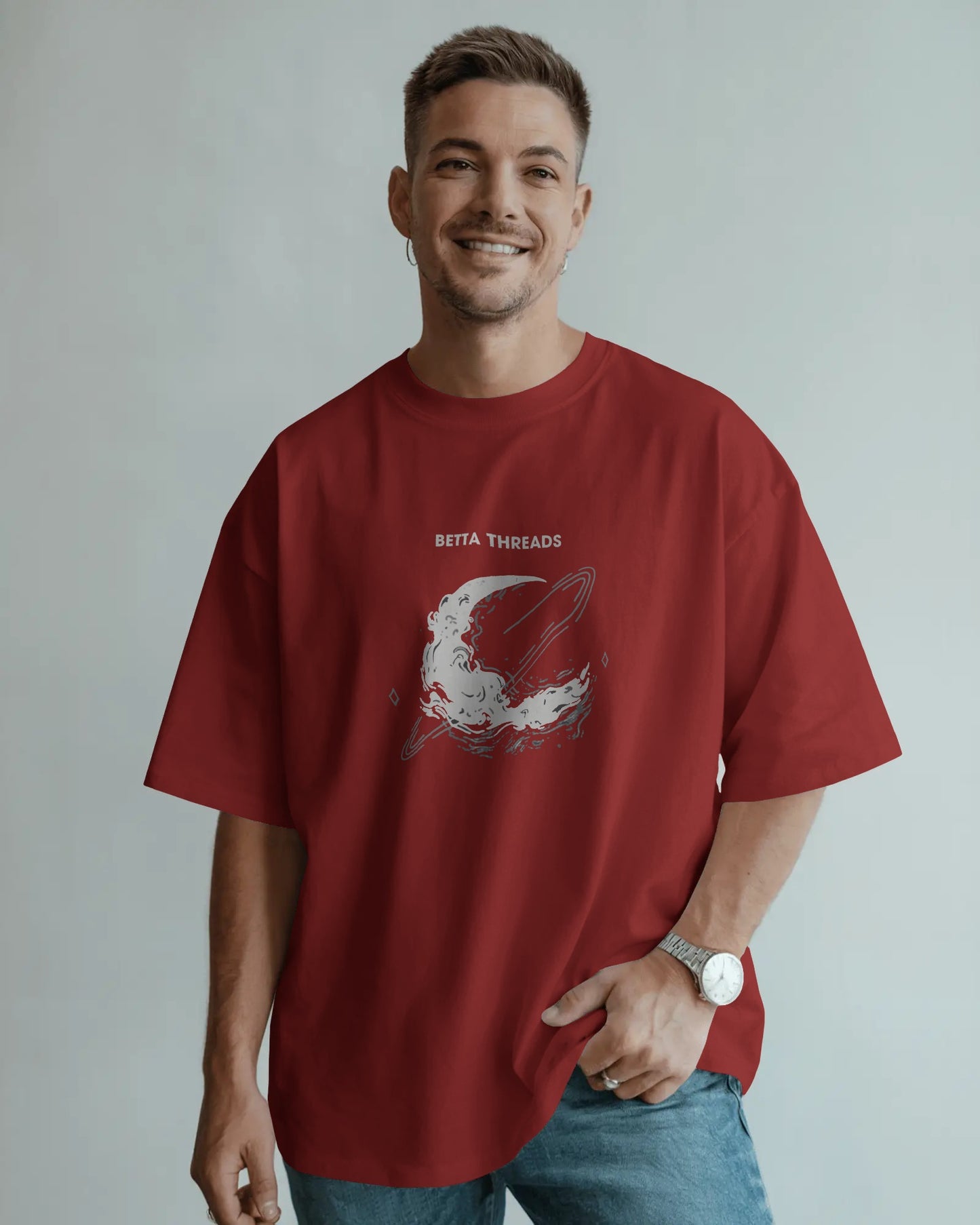 Betta Moon Oversized T-Shirt – Space Graphic Streetwear Tee for Men | Cosmic Design