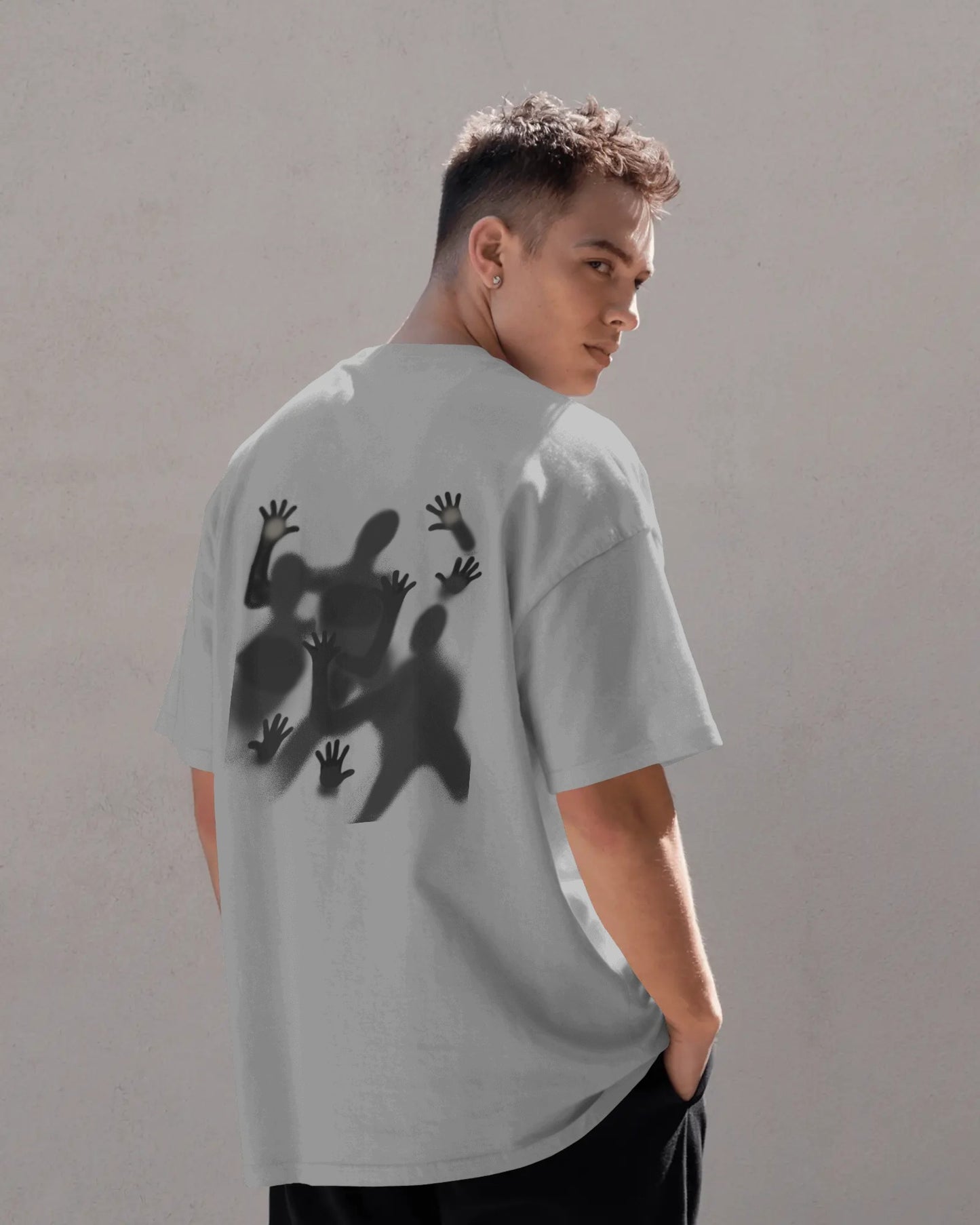 Oversized T-Shirt with Shadow Hand Back Print – Abstract Streetwear Unisex Tee