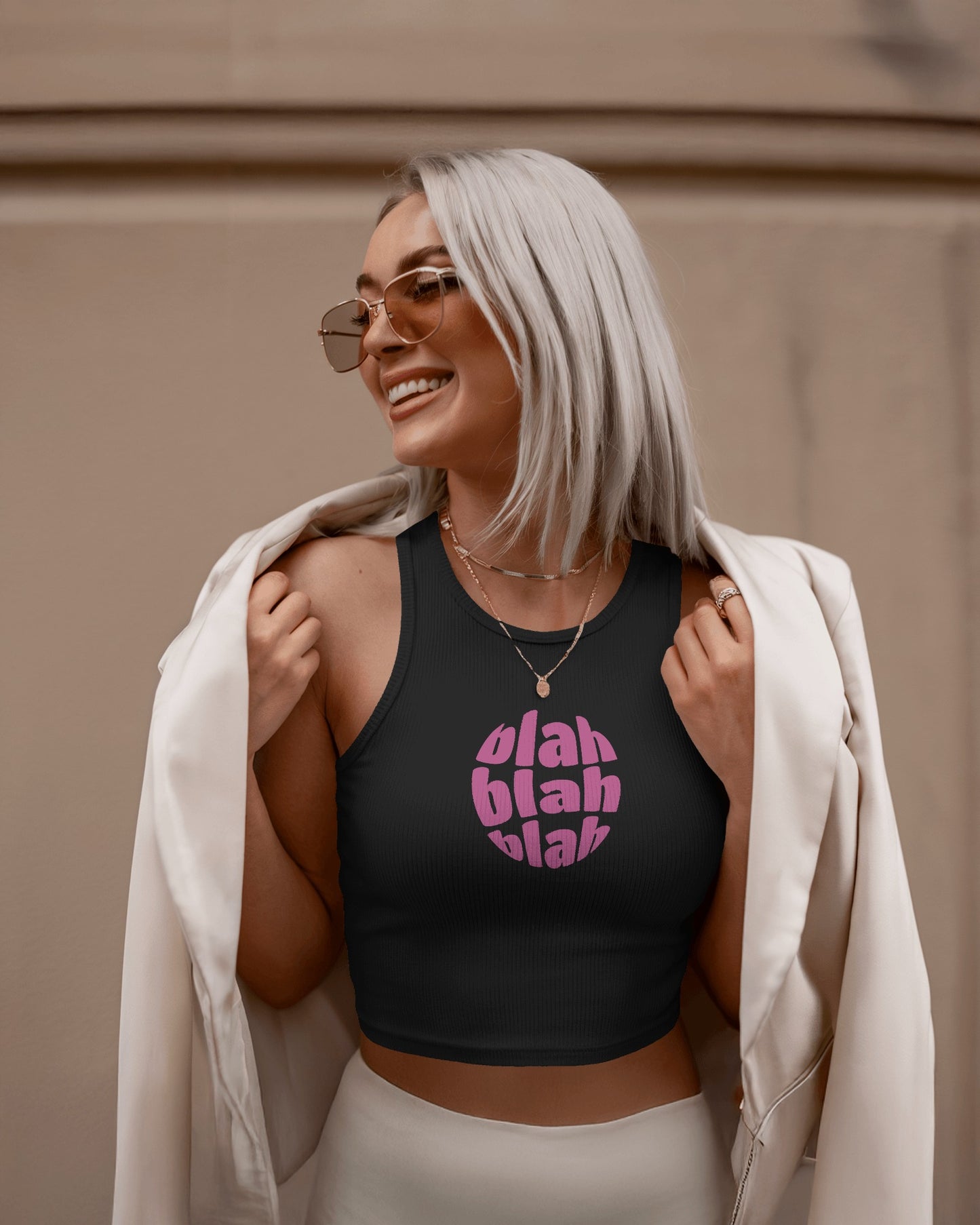 Blah Women’s Crop Tank Top – Retro “Blah Blah Blah” Graphic Print