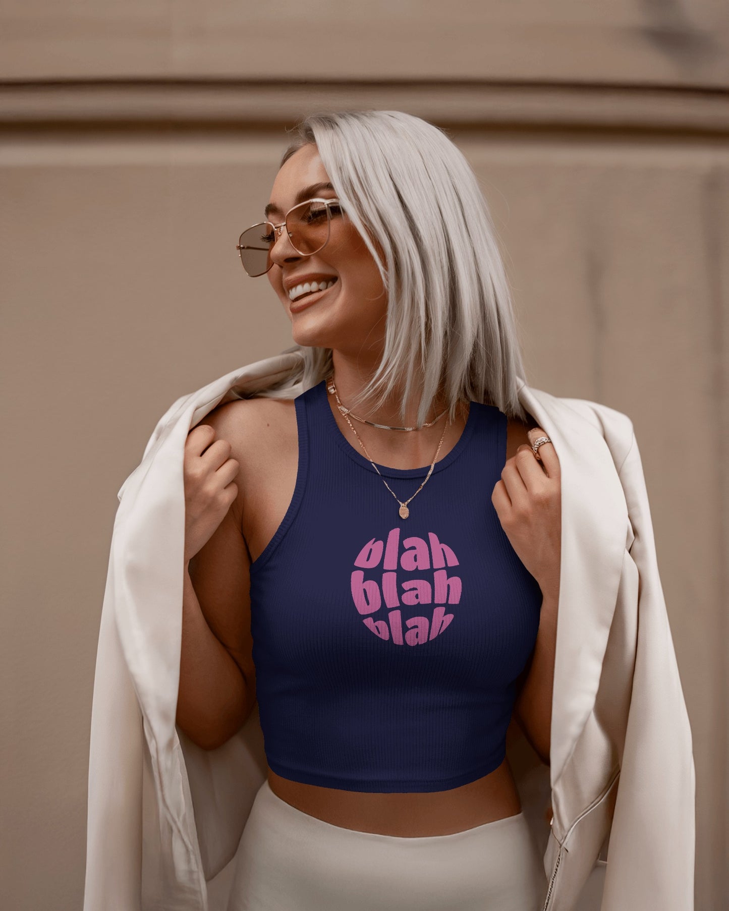 Blah Women’s Crop Tank Top – Retro “Blah Blah Blah” Graphic Print