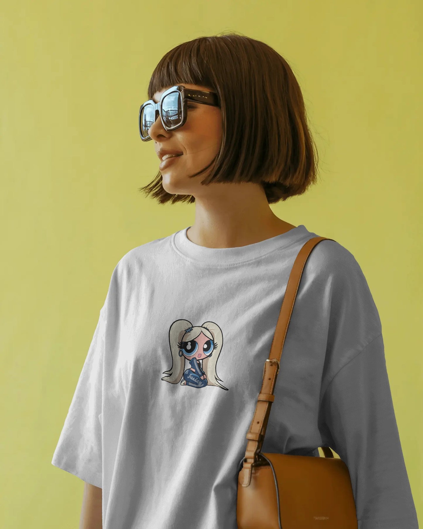 Oversized T-Shirt – Cartoon Blonde Girl with Blue Juicy Graphic