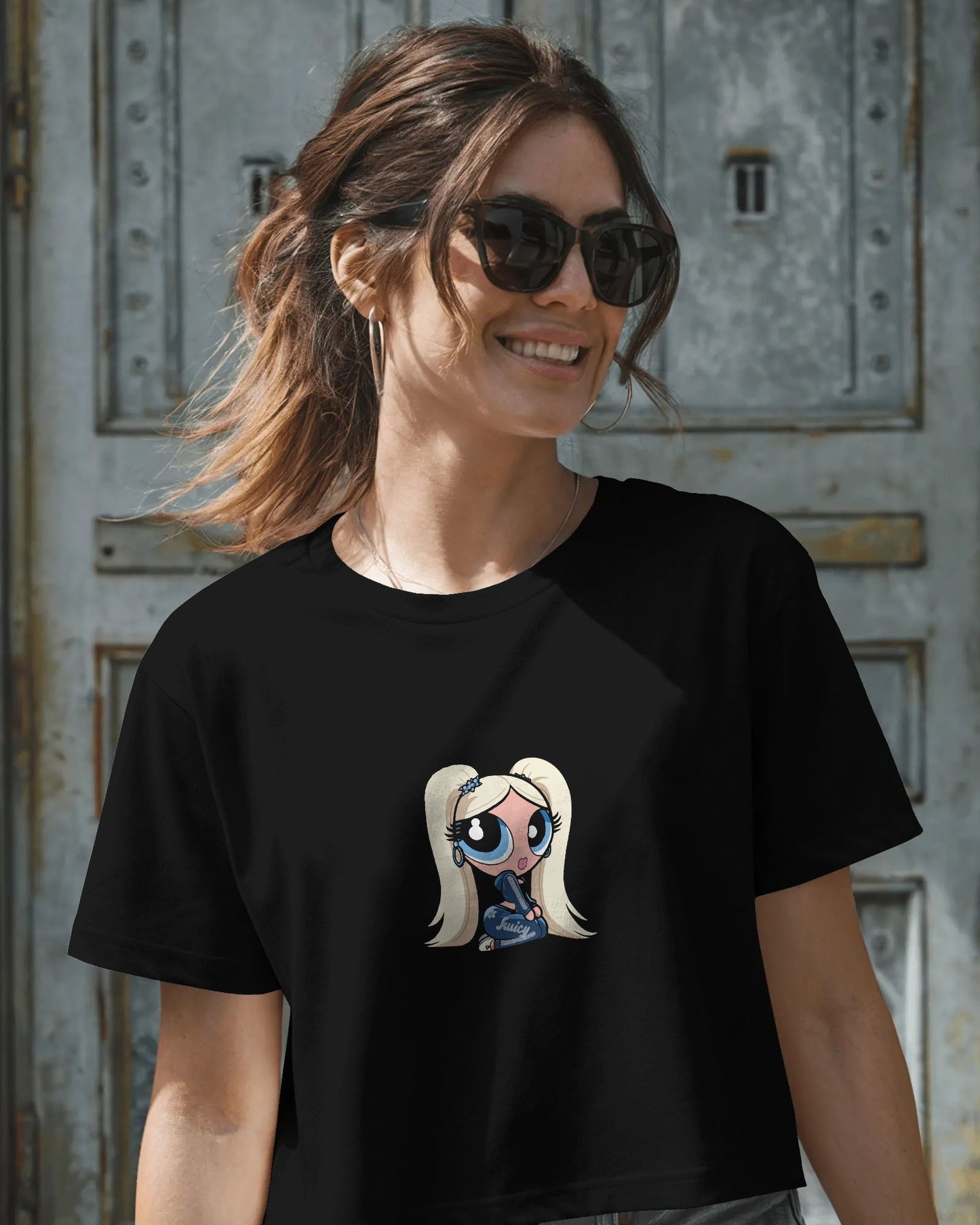 Baby Crop T-Shirt – Cartoon Blonde Girl with Blue Juicy Graphic