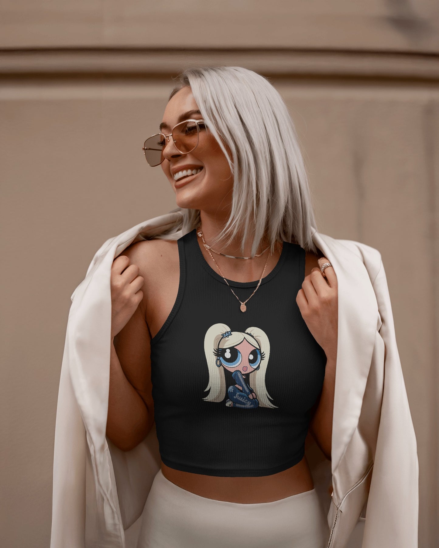 Sleeveless Crop Tank Top – Cartoon Blonde Girl with Blue Juicy Graphic