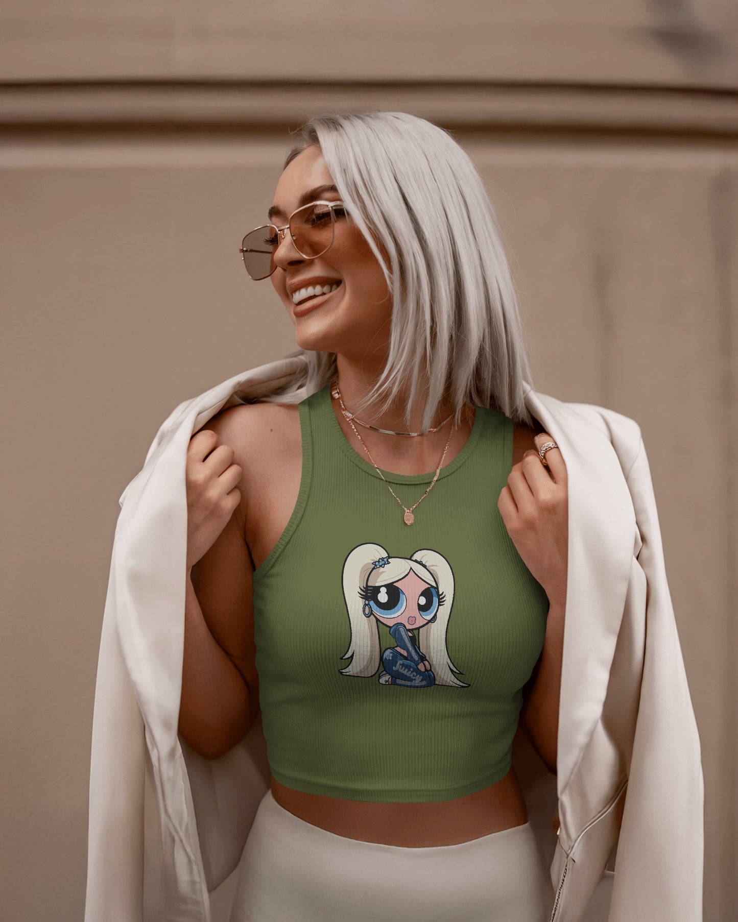 Sleeveless Crop Tank Top – Cartoon Blonde Girl with Blue Juicy Graphic