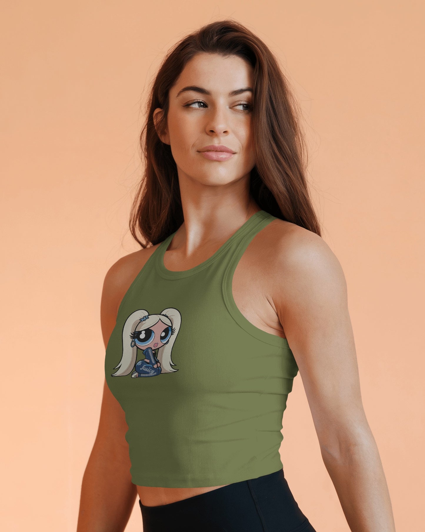 Sleeveless Crop Tank Top – Cartoon Blonde Girl with Blue Juicy Graphic