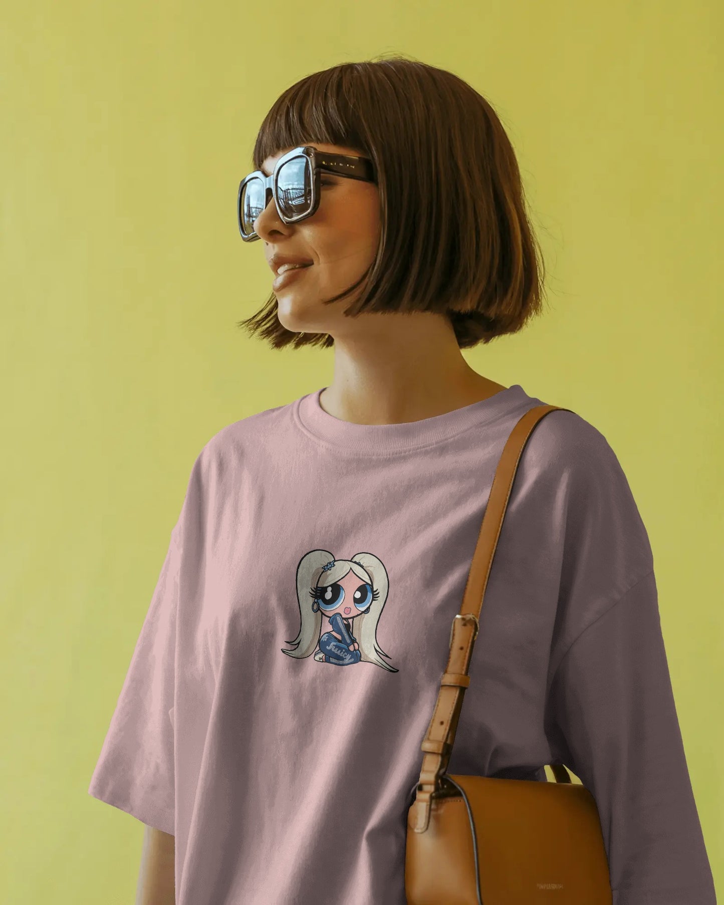 Oversized T-Shirt – Cartoon Blonde Girl with Blue Juicy Graphic