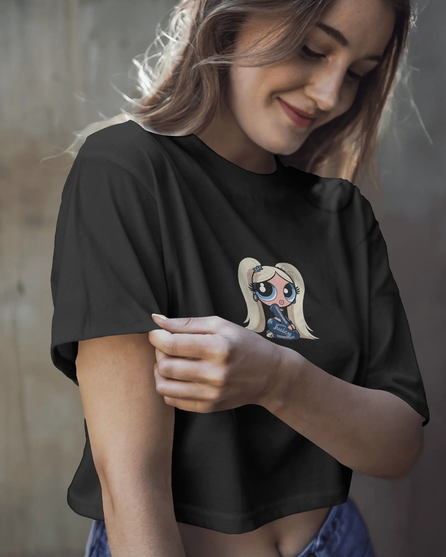 Baby Crop T-Shirt – Cartoon Blonde Girl with Blue Juicy Graphic