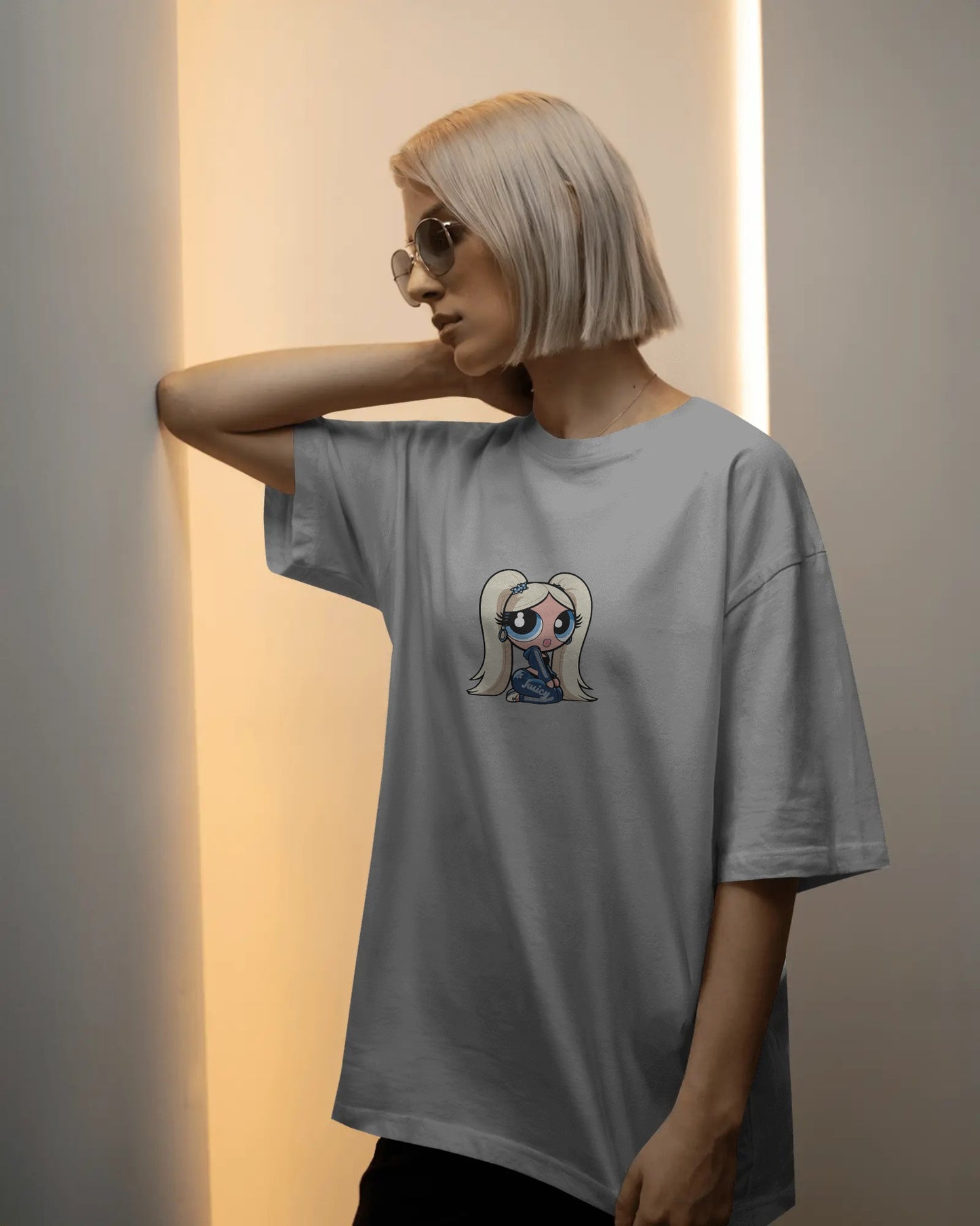 Oversized T-Shirt – Cartoon Blonde Girl with Blue Juicy Graphic
