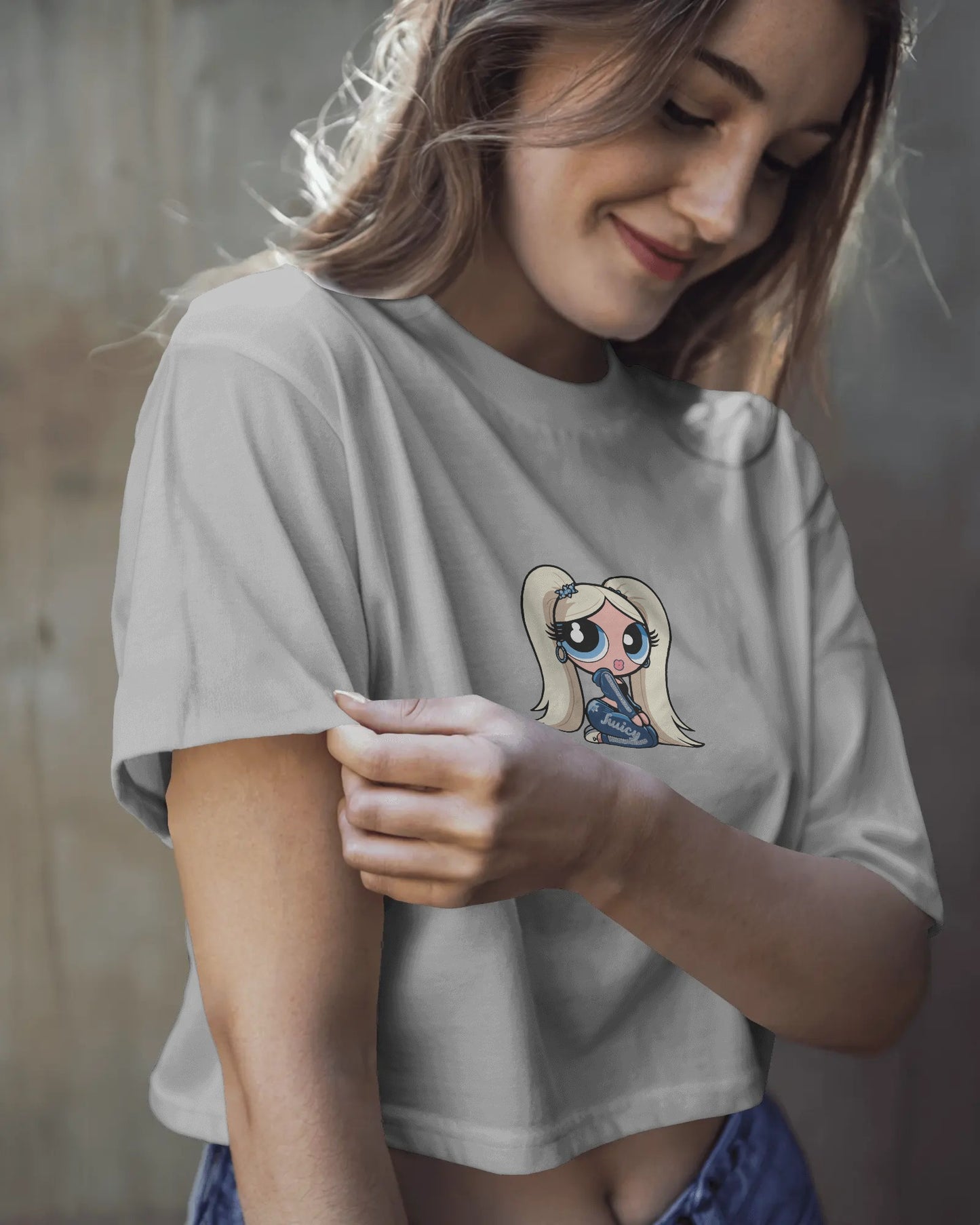 Baby Crop T-Shirt – Cartoon Blonde Girl with Blue Juicy Graphic