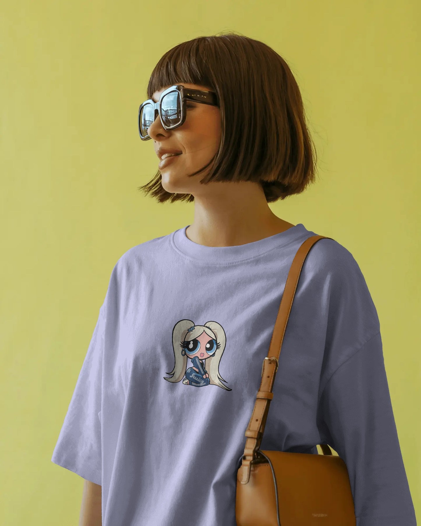 Oversized T-Shirt – Cartoon Blonde Girl with Blue Juicy Graphic