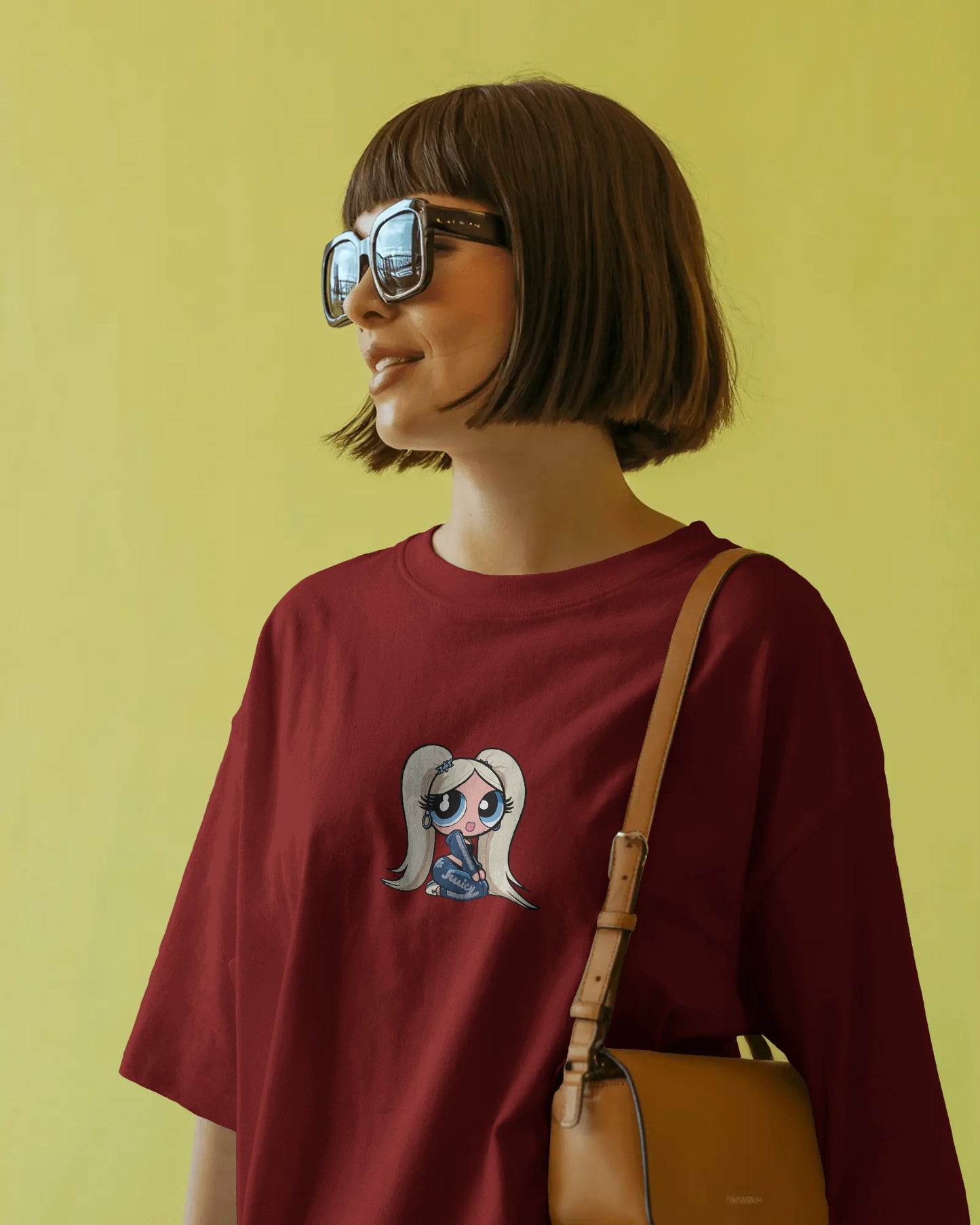 Oversized T-Shirt – Cartoon Blonde Girl with Blue Juicy Graphic
