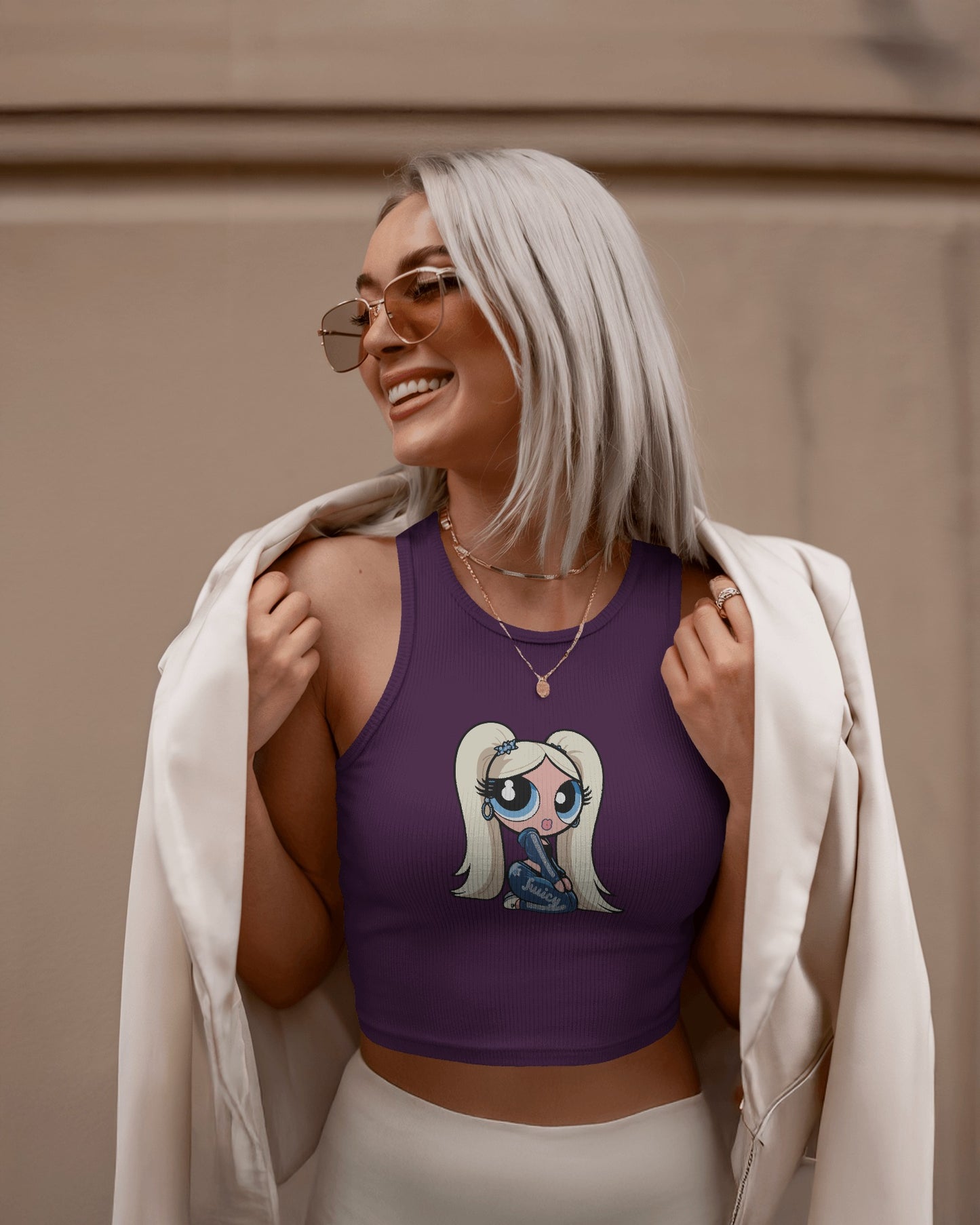 Sleeveless Crop Tank Top – Cartoon Blonde Girl with Blue Juicy Graphic