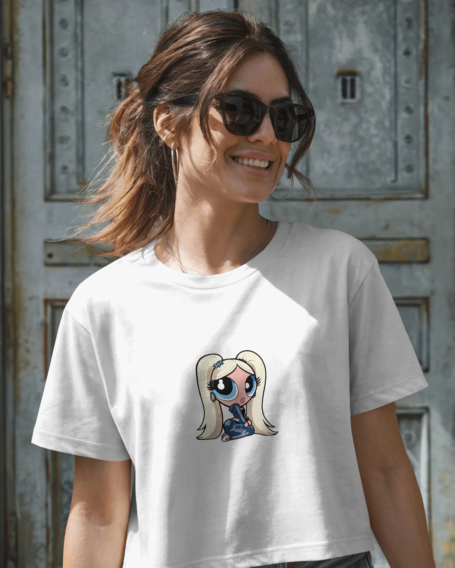 Baby Crop T-Shirt – Cartoon Blonde Girl with Blue Juicy Graphic