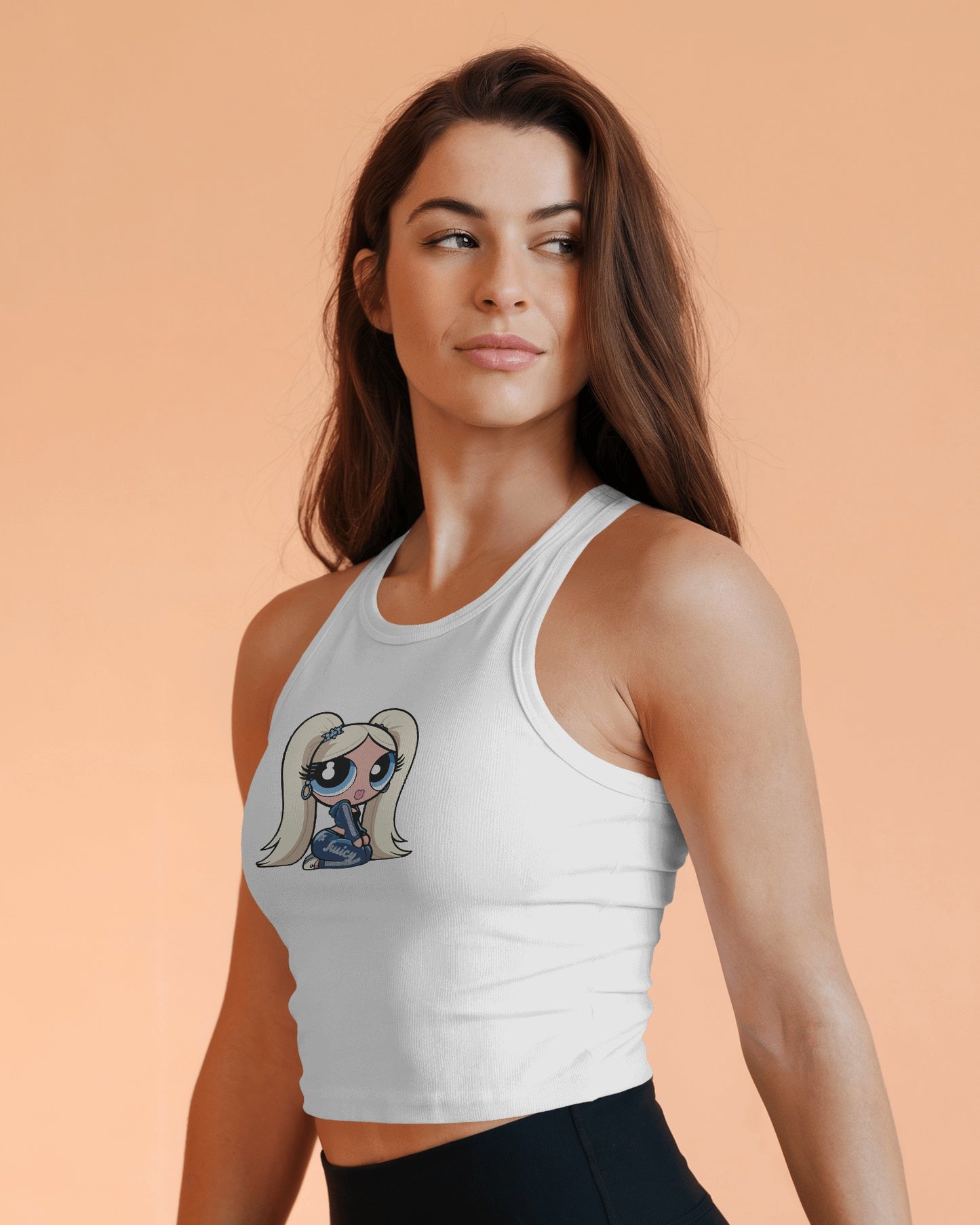 Sleeveless Crop Tank Top – Cartoon Blonde Girl with Blue Juicy Graphic