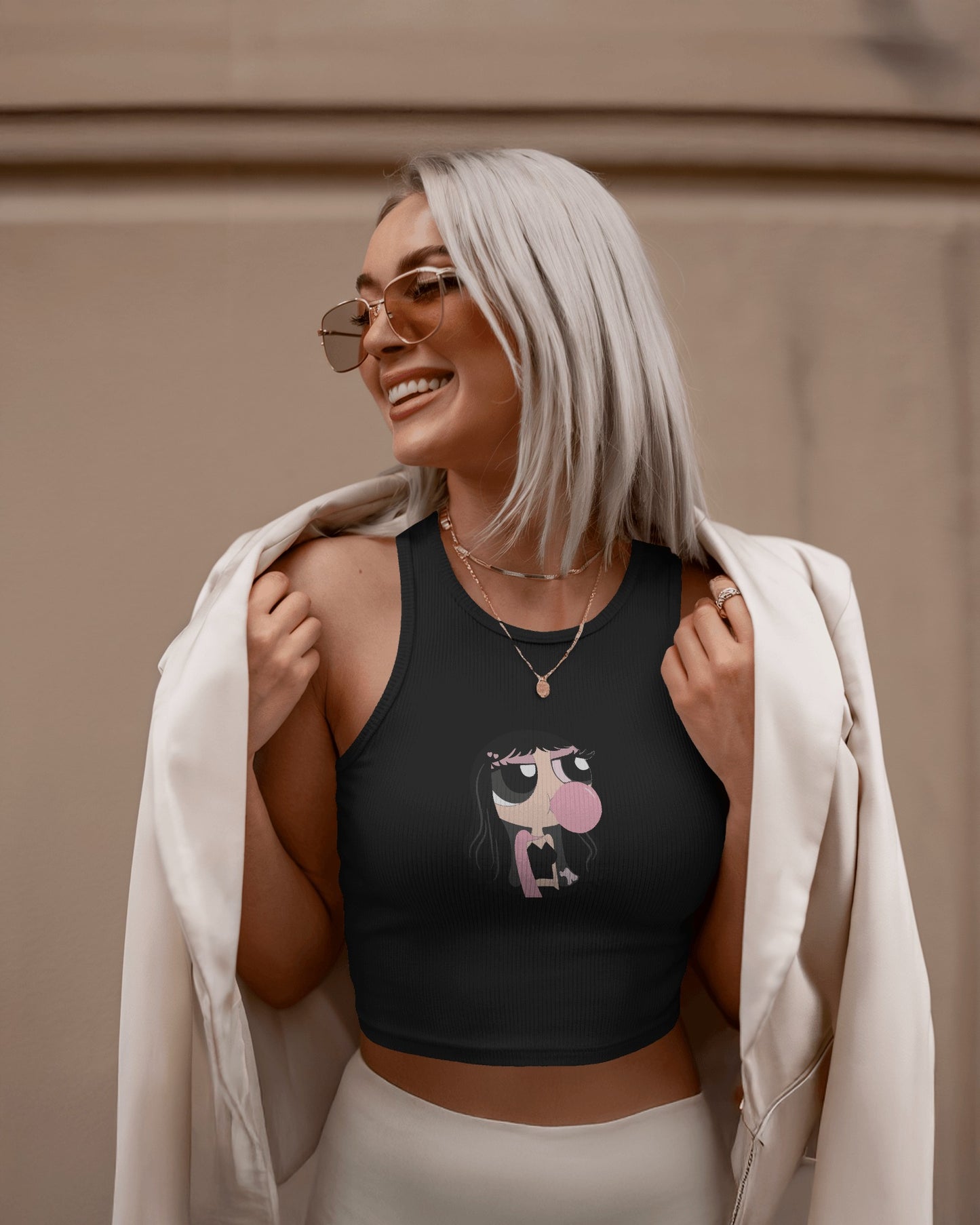 Sleeveless Crop Tank Top – Cartoon Bubble Gum Girl Graphic Tee