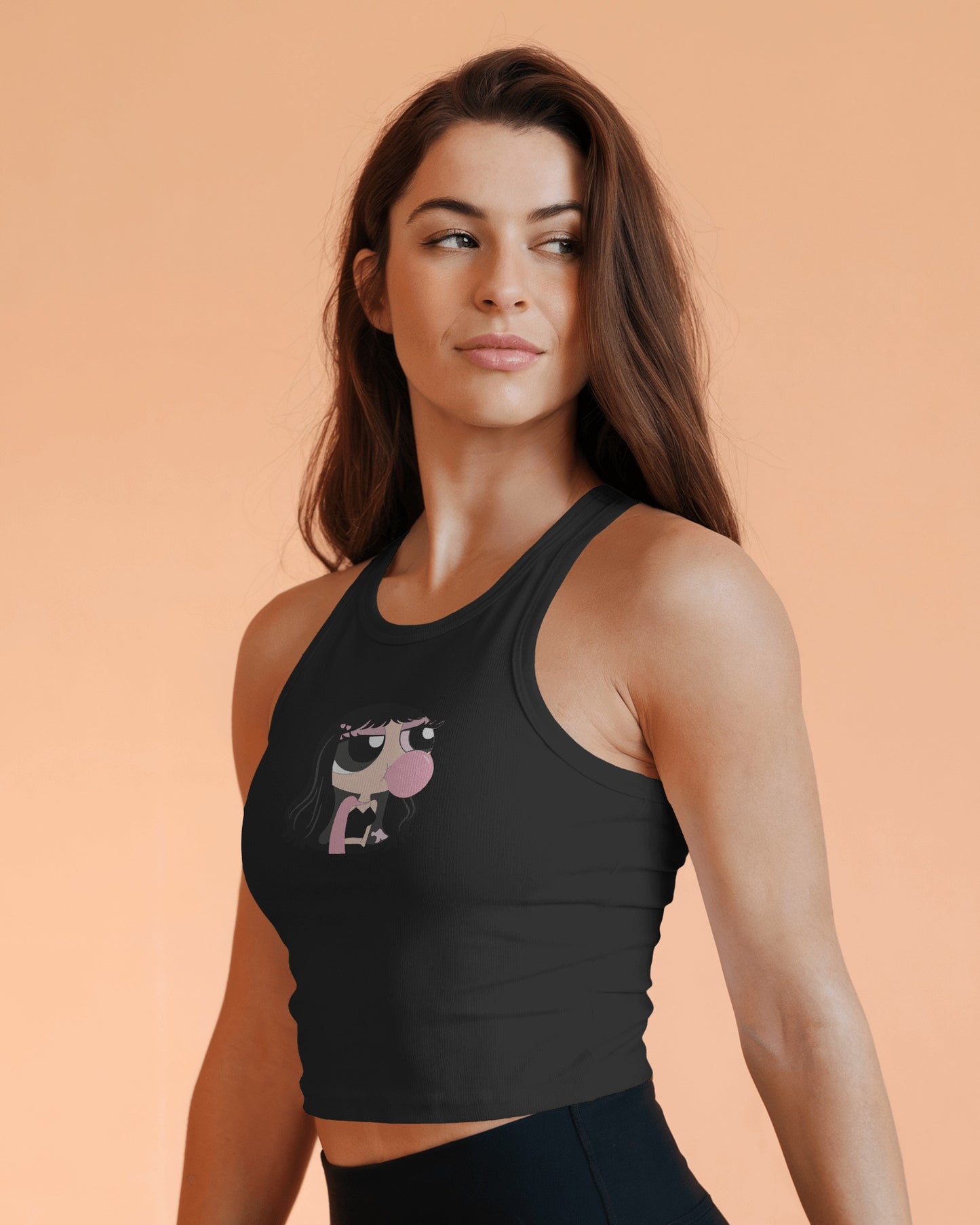 Sleeveless Crop Tank Top – Cartoon Bubble Gum Girl Graphic Tee