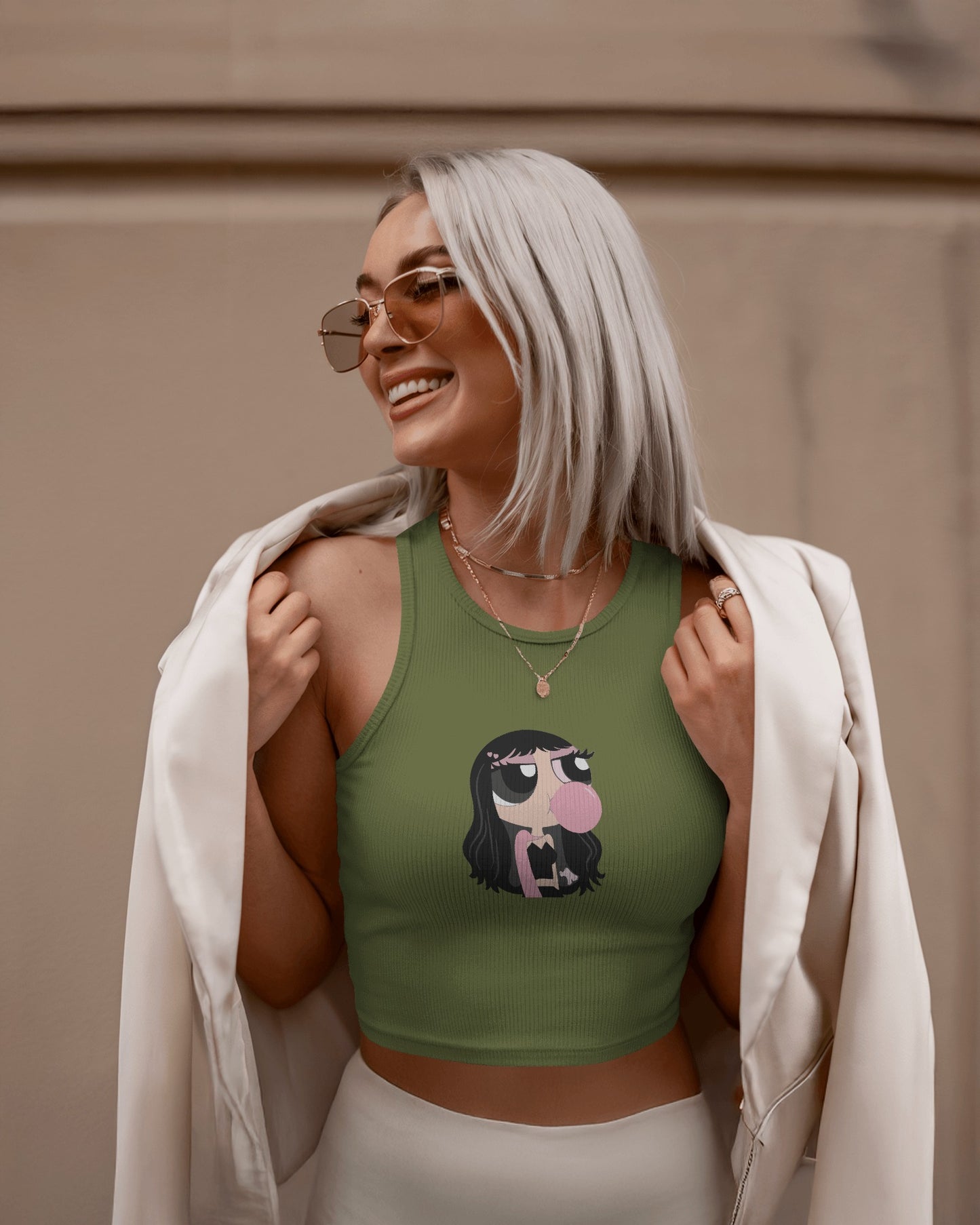 Sleeveless Crop Tank Top – Cartoon Bubble Gum Girl Graphic Tee