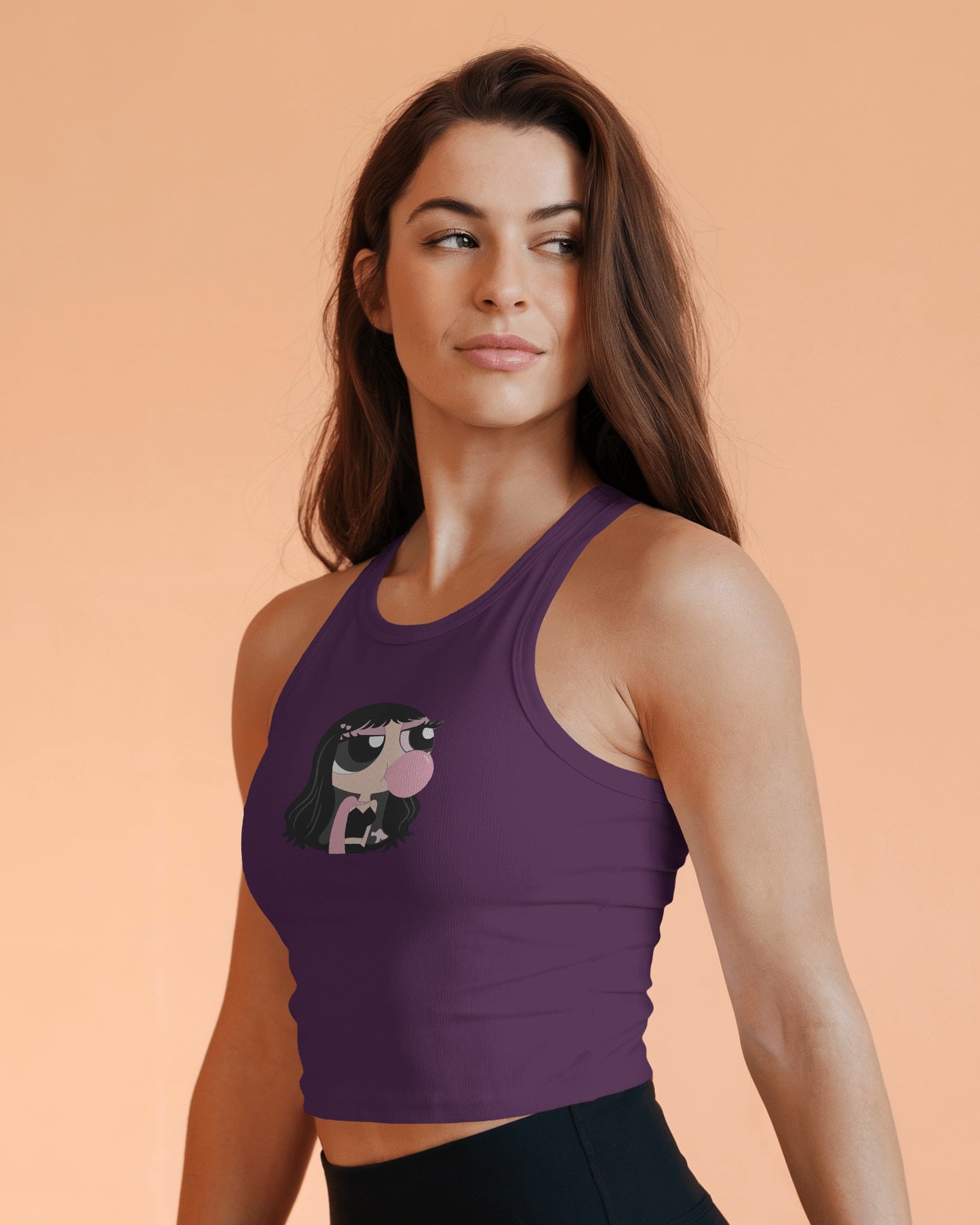 Sleeveless Crop Tank Top – Cartoon Bubble Gum Girl Graphic Tee