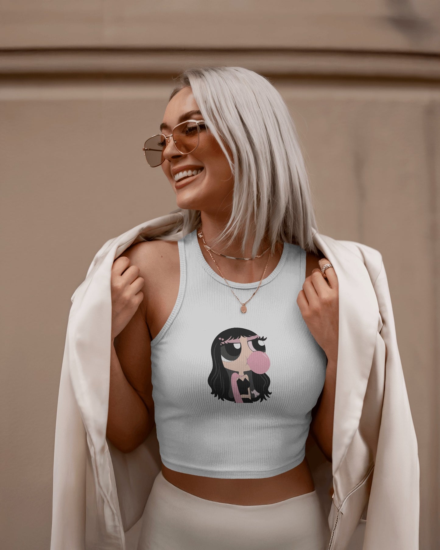 Sleeveless Crop Tank Top – Cartoon Bubble Gum Girl Graphic Tee