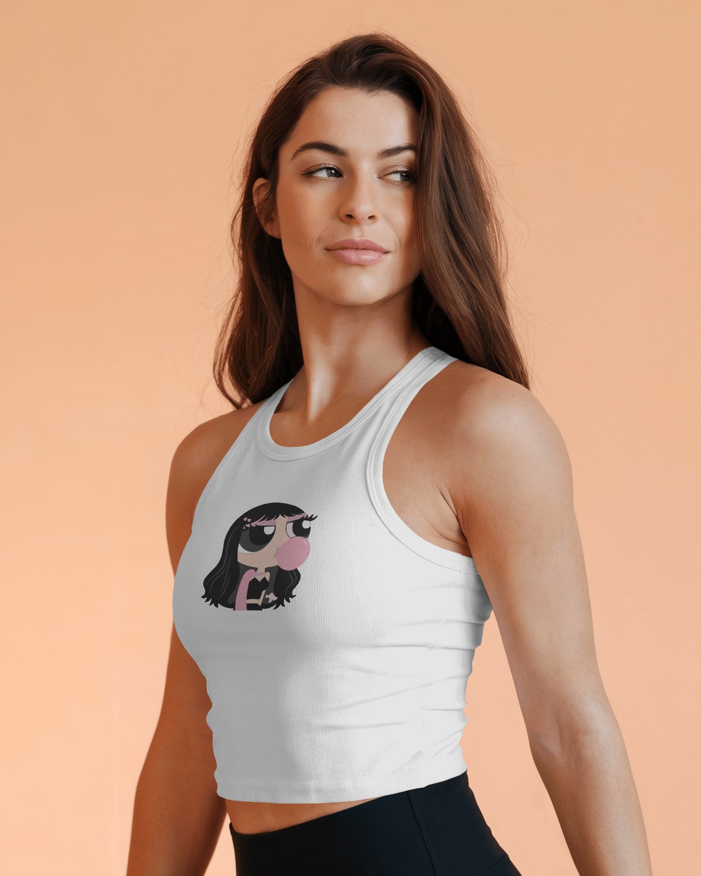 Sleeveless Crop Tank Top – Cartoon Bubble Gum Girl Graphic Tee