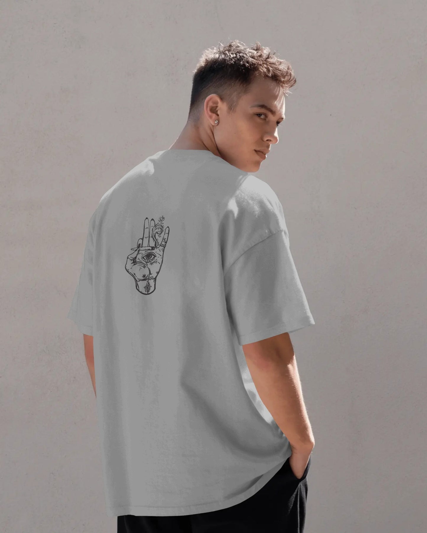 Men's Oversized T-Shirt with Hand-Eye Graphic | Trendy Streetwear Back Print Tee