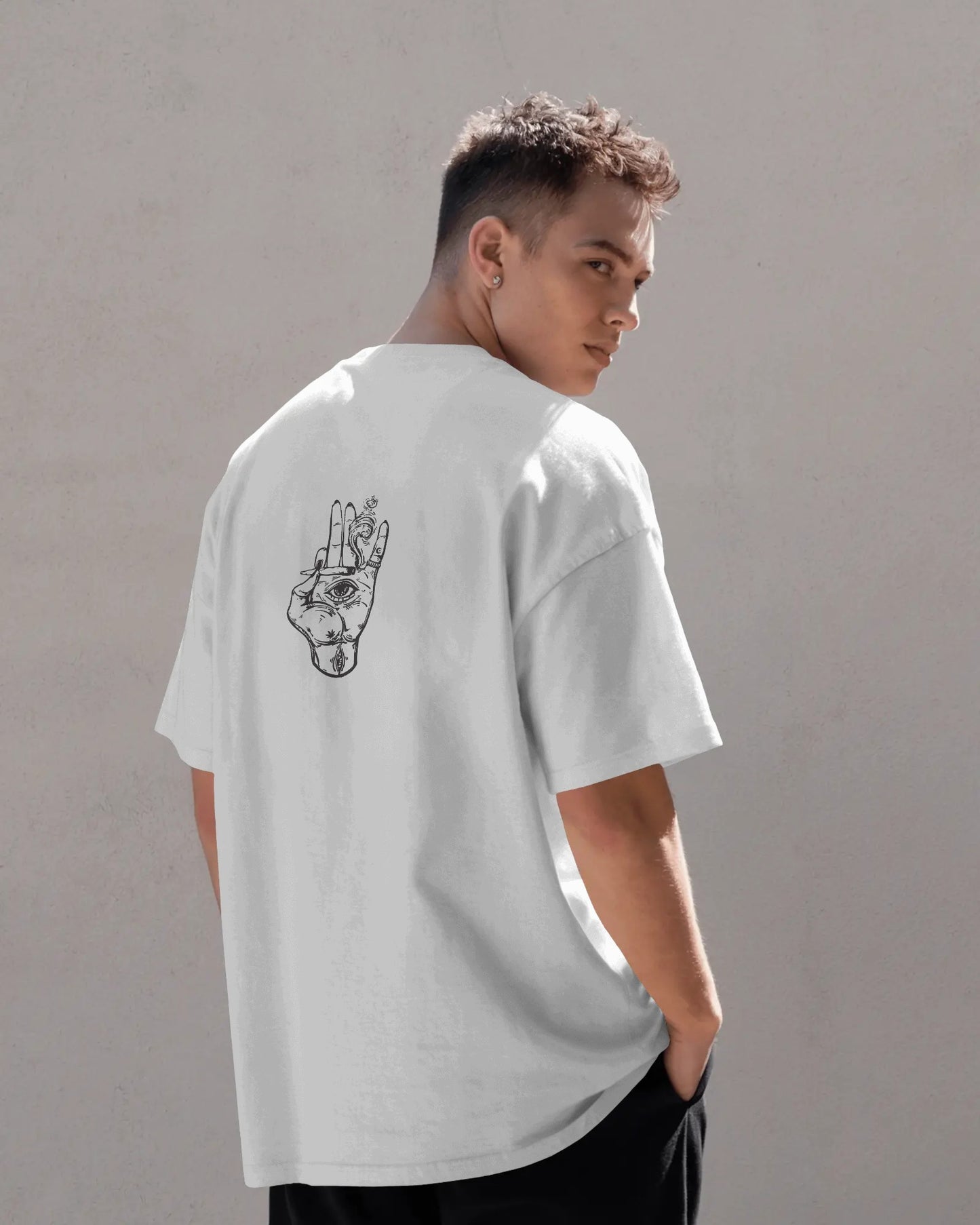 Men's Oversized T-Shirt with Hand-Eye Graphic | Trendy Streetwear Back Print Tee