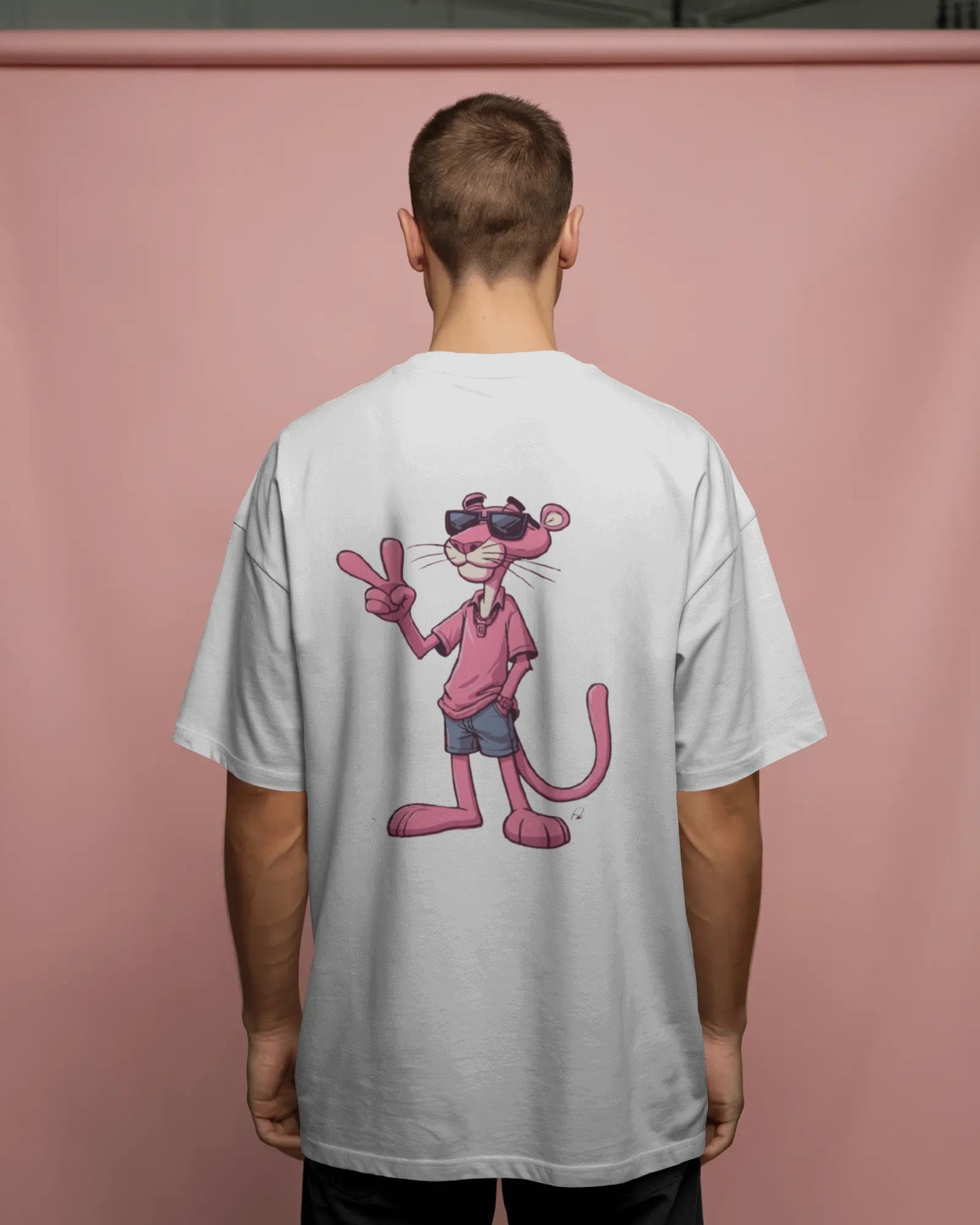 Oversized White T-Shirt with Pink Panther Back Print – Trendy Cartoon Graphic Tee (Unisex)