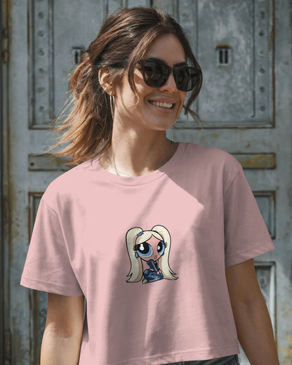 Baby Crop T-Shirt – Cartoon Blonde Girl with Blue Juicy Graphic