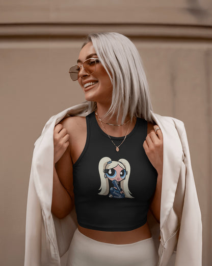 Sleeveless Crop Tank Top – Cartoon Blonde Girl with Blue Juicy Graphic