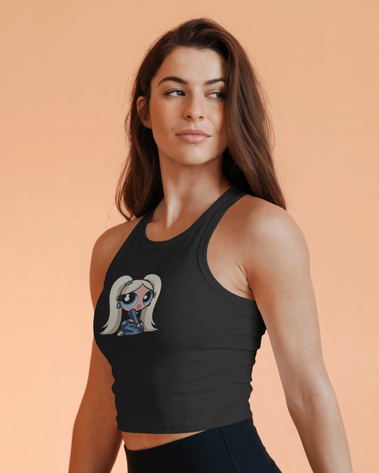 Sleeveless Crop Tank Top – Cartoon Blonde Girl with Blue Juicy Graphic