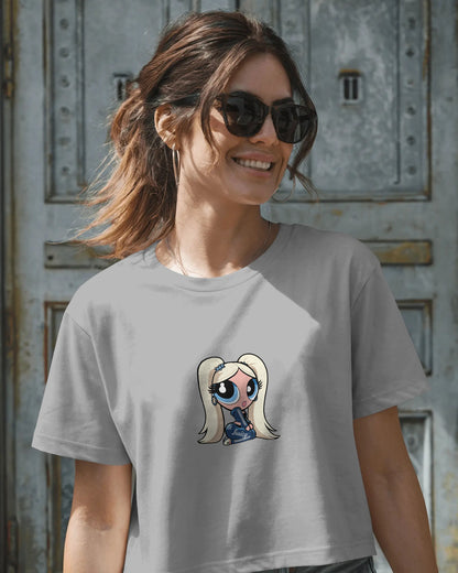 Baby Crop T-Shirt – Cartoon Blonde Girl with Blue Juicy Graphic