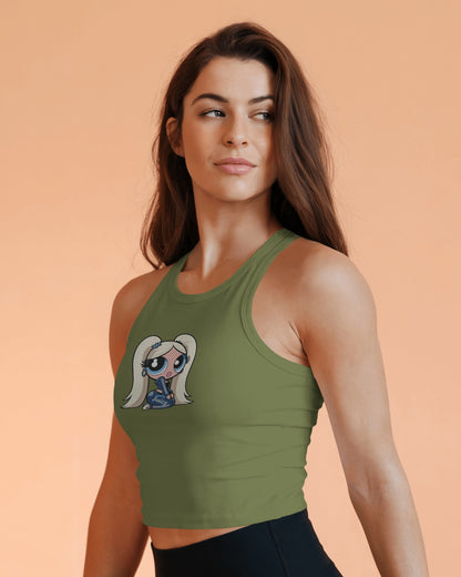 Sleeveless Crop Tank Top – Cartoon Blonde Girl with Blue Juicy Graphic