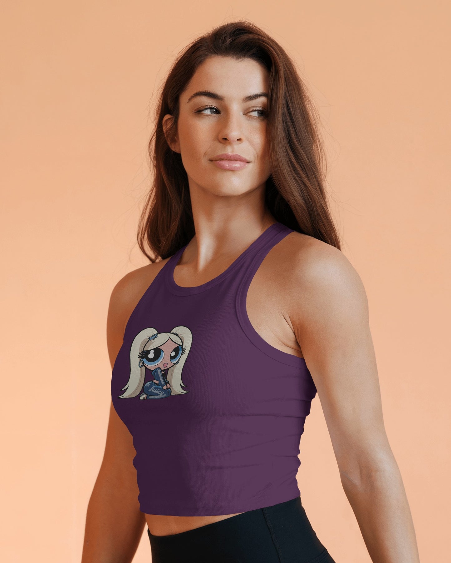Sleeveless Crop Tank Top – Cartoon Blonde Girl with Blue Juicy Graphic