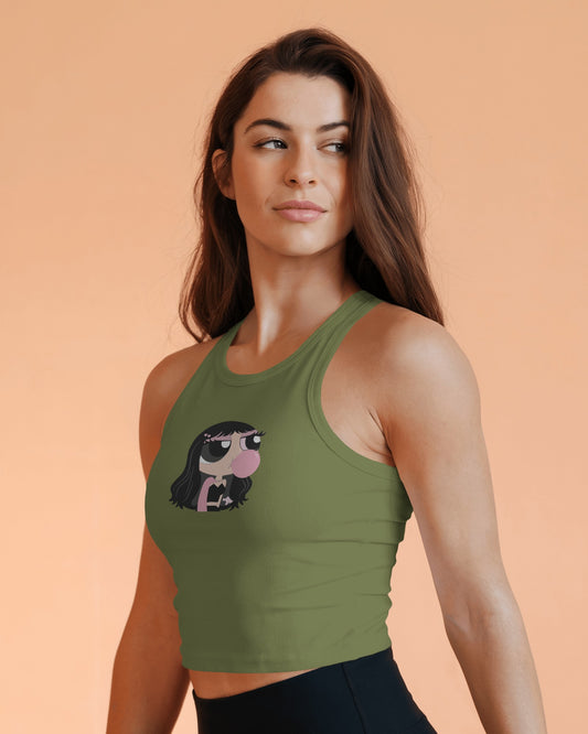 Sleeveless Crop Tank Top – Cartoon Bubble Gum Girl Graphic Tee
