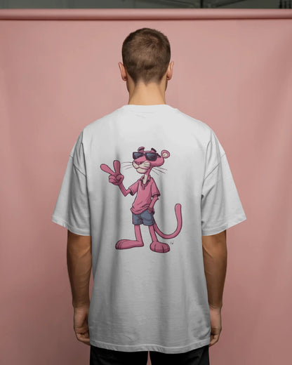 Oversized White T-Shirt with Pink Panther Back Print – Trendy Cartoon Graphic Tee (Unisex)