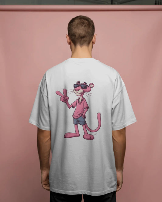 Oversized White T-Shirt with Pink Panther Back Print – Trendy Cartoon Graphic Tee (Unisex)