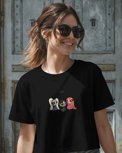 Cartoon Trio Crop Top – Women’s Graphic Tee | Casual Streetwear