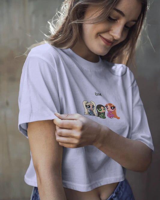Cartoon Trio Crop Top – Women’s Graphic Tee | Casual Streetwear